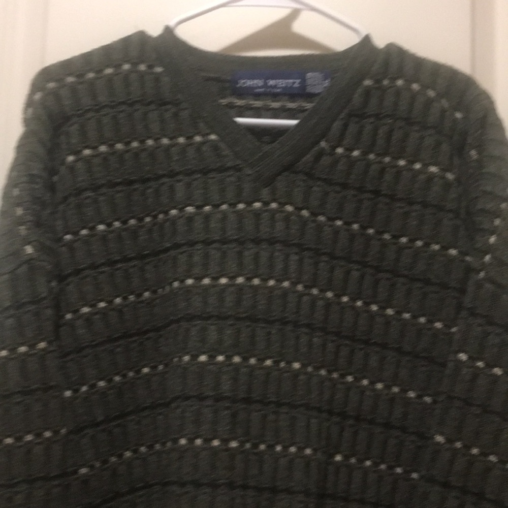 JOHN WEITZ mens Vneck pullover knit Sweater long sleeve size XL green beige